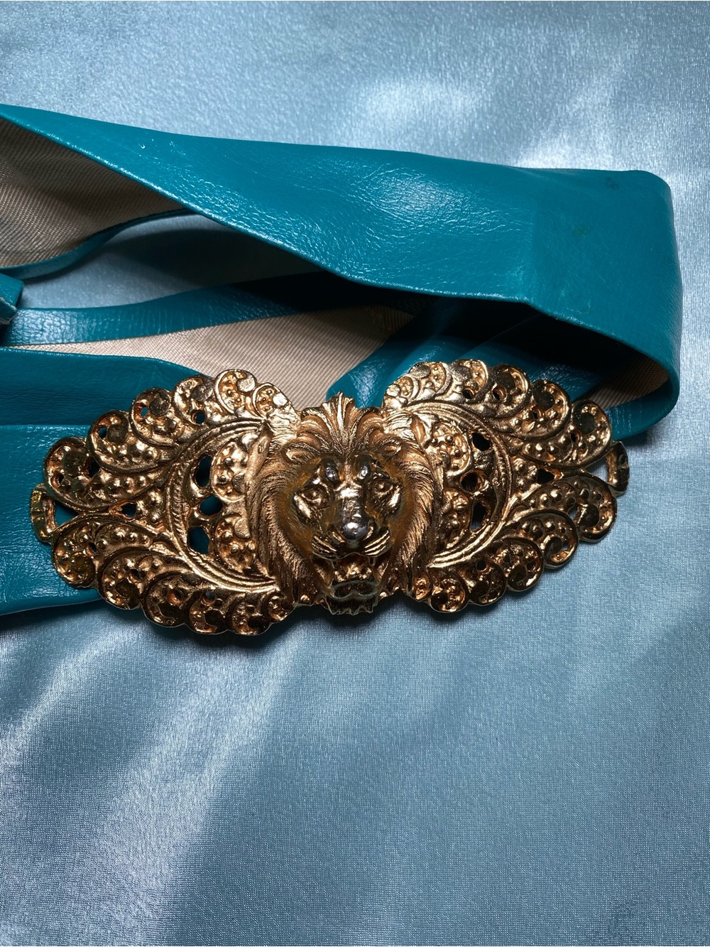Vintage Gay Boyer Lion Buckle Belt with Teal Strap